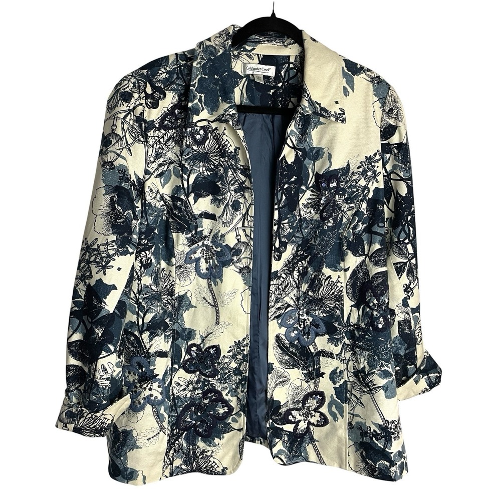 Coldwater‎ Creek Womens Beaded Blazer Jacket Size 20W Blue Floral Cotton Canvas